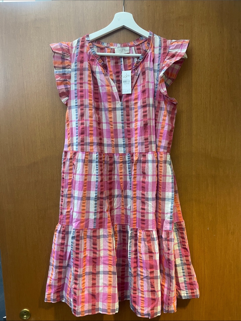 LOFT Girls Pink Orange Plaid Tiered Sundress with Flutter Sleeves